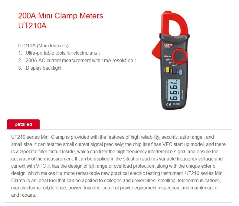 UNI-T UT210A 2000 Count Mini Digital Clamp Meters AC/DC Current Voltage True RMS Auto Range VFC Capacitance Multimeter