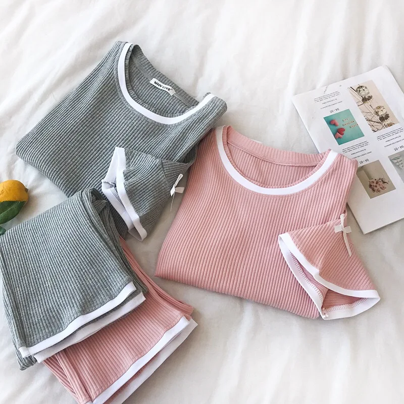 

Women Pajamas Sets Solid O-neck Short Sleeve Bow Pullover + Elastic Waist Long Pants Summer Korean Female Sweet Twinset 2pcs Set