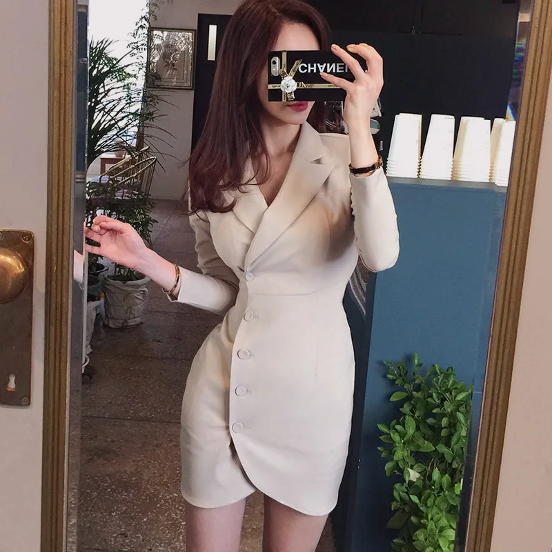 2019 Autumn New Korean Version of OL Temperamental Suit Collar Waist-wrap Suit Dress Woman Suit Dress Women Clothes