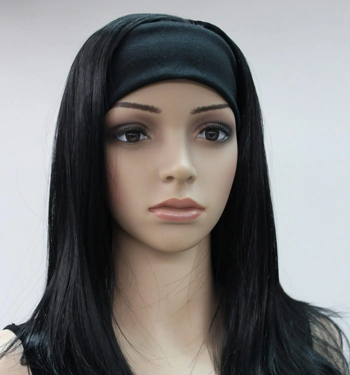 

Fashion Black Medium long Straight women Daily 3/4 wig with headband E-TLG039