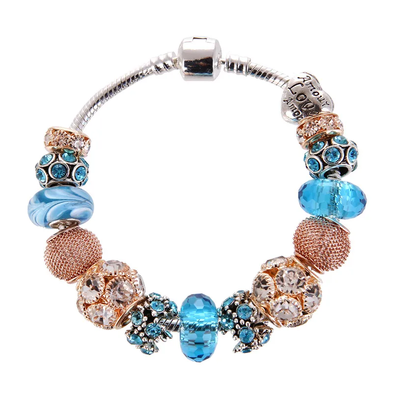 

High Quality Blue crystal Rose Golden Charm Noble Pretty Bracelet Pandora Bracelet For Women/Gril gift jewelry Drop Shipping