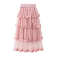 1 шт., юбка-пачка с вышитыми цветами, Женская многослойная юбка-пачка из сетчатой ткани на весну и осень, длинная фатиновая юбка с оборками, юбка с кисточками из вуали