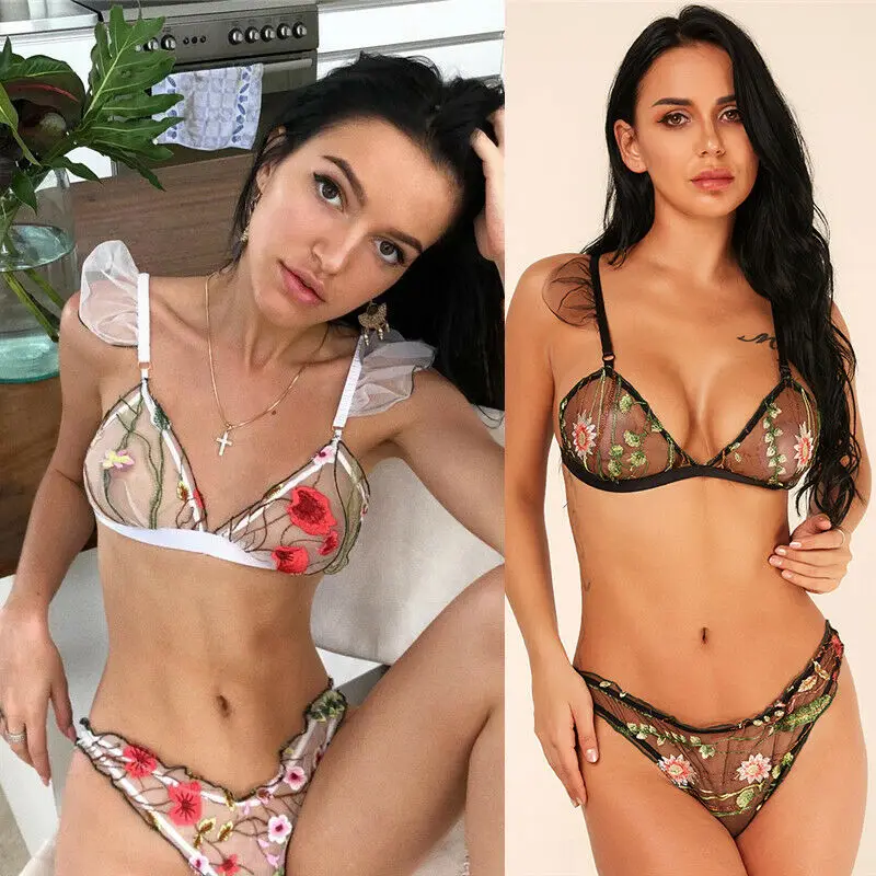 

HIRIGIN Sexy Women Embroidered Floral Underwear Mesh Bra Brief Sets Panty Lingerie Sleepwear Set