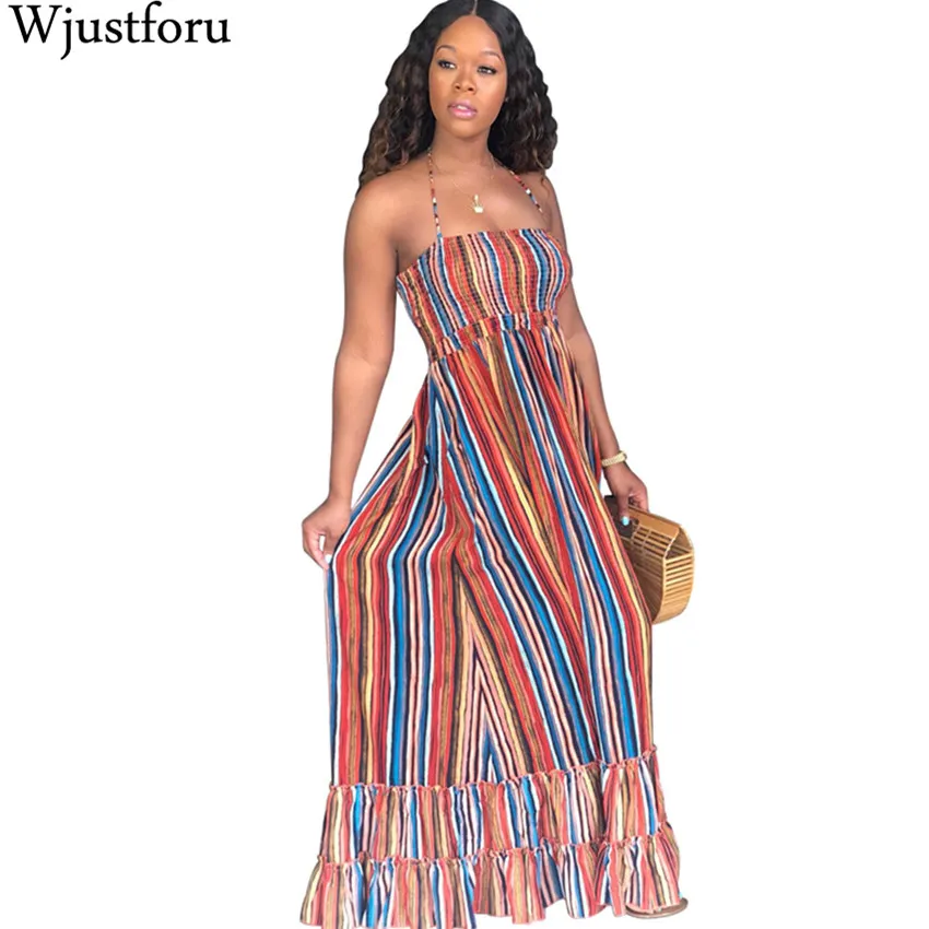 

Wjustforu Off Shoulder Bodycon Elegant Maxi Dress Women Striped Spaghetti Strap Fashion Sexy Dress Summer Pleated Casual Dress