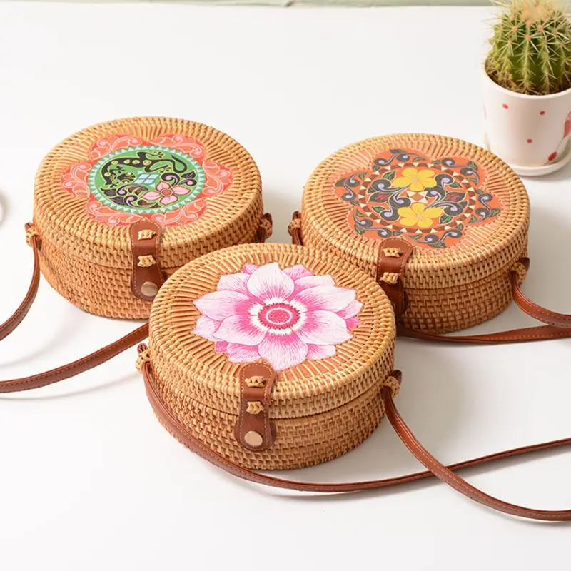 

2019 Fashion Shoulder Crossbody Round Rattan Bags Handbags For Women Bohemian Summer Beach Bag Polyester Shoulder Bag New