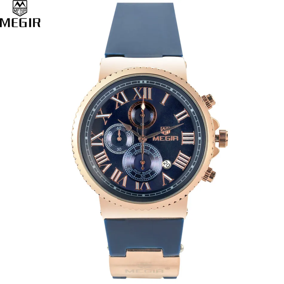 Prix pour Megir sport montre hommes de voyage précise temps chronographe or cadran bleu bande de silicone hommes quartz montres erkek kol saati/mg3007-5 Prix pour Megir sport montre hommes de voyage précise temps chronographe or cadran bleu bande de silicone hommes quartz montres erkek kol saati/mg3007-5