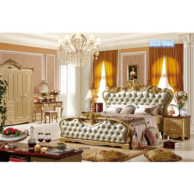 

Antique hand carved bed luxury top quality European style bedroom furniture classical leather bed
