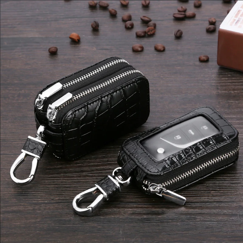 Черный ключа автомобиля кошелек сумка из натуральной кожи держатель Автомобильный Брелок молнии чехол для авто дистанционного брелока