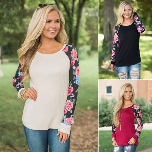 

New Women Clothing Simple Style Loose Floral Print Long Sleeve Casual T-Shirt Tops Round Neck Fashion