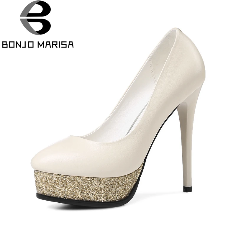 

BONJOMARISA 2018 Spring Autumn Elegant Solid Genuine Leather Women Pumps Bling Platform High Heels Ol Shoes Woman Size 33-38