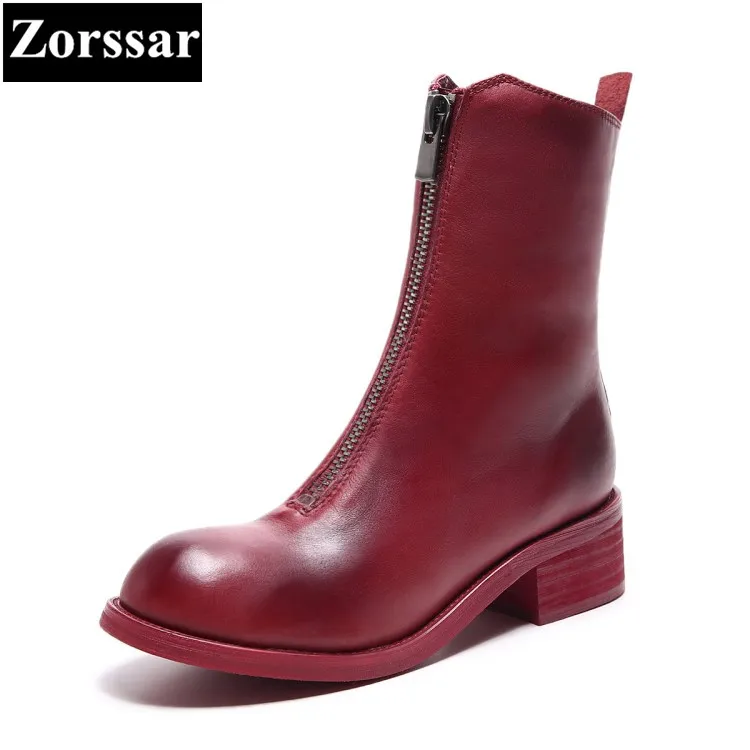 {zorssar} Botas Zapatos Otoño blanco Pantorrilla Invierno Moda Mujer Nueva Tacón Cuero rojo Media Cremallera Grueso 2018 Comodidad Negro Genuino De I6qRrI