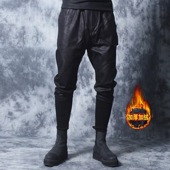 

Winter 2018 new motorcycle leather pants men Korean version tide plus velvet thick feet pant men's tight hare pant trousers!