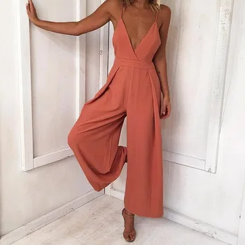 

Bohemia Women Long Jumpsuit Elegant Deep V Backless Loose Patchwork Ladies Casual Solid Trousers Wide Leg Pants Beach Romper