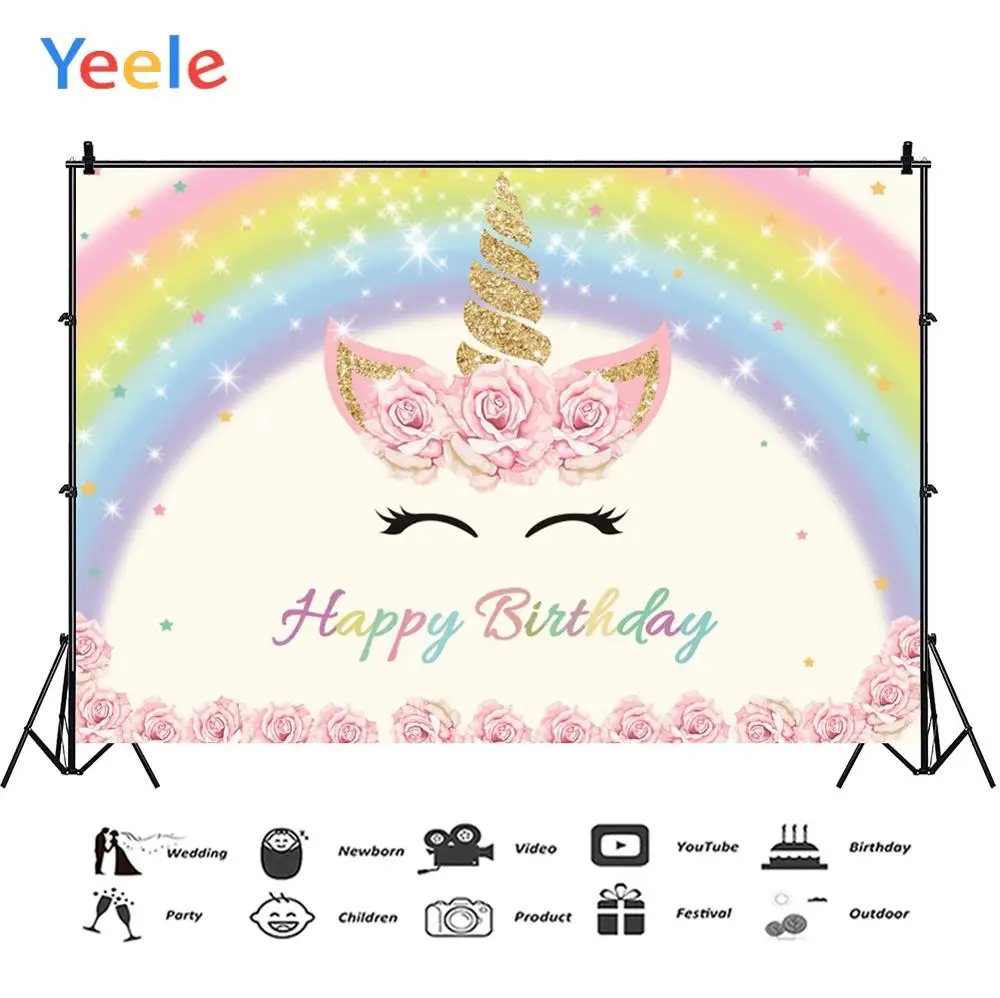 Yeele Unicorn Rainbow Flowers Glitters Baby Birthday Photography Backgrounds Customized Photographic Backdrops for Photo Studio