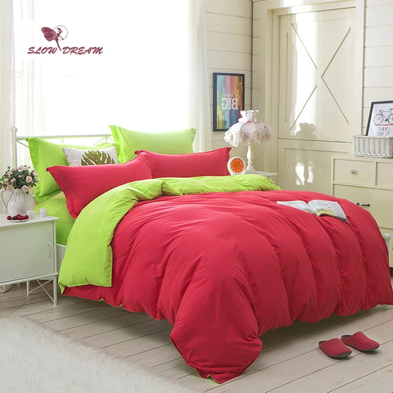 Slowdream Red And Green Bedding Set Plain Double Duvet Cover Set