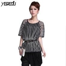 1404 летняя футболка в полоску для женщин плюс размер прозрачный сетчатый топ свободные футболки с коротким рукавом стрейч талия Harajuku сексуальный топ