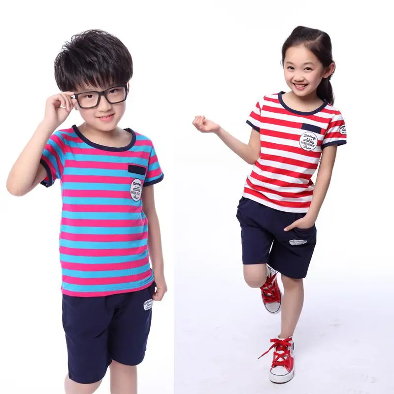 2015 new boy girl summer style striped suits 3 4 5 6 7 8 9 10 11 12 13