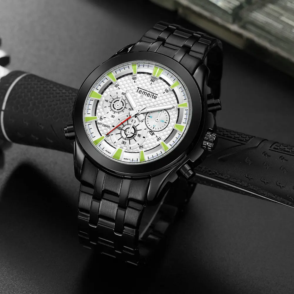 

TEMEITE Quartz Watch Men Black Stainless Steel Strap Date Display Analog Clock Brand Luxury Man Watch 2019 Casual Wristwatch