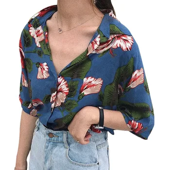 

Fashion Floral Printed Blouse Shorts Women Short Sleeve Turn-down Collar Shirts Female new Summer Causal Blouse Tops