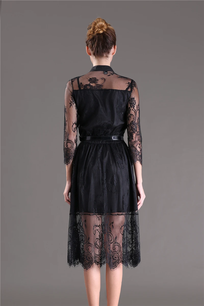 Hollow Out Half Sleeve Elastic Waist Floral Crochet Black Lace Dress