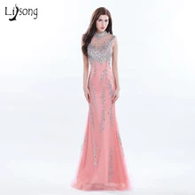 Hot Coral Vestido de Noche Largo Con Cuentas Cuello Alto Vestidos Formales Vestido largo de Lentejuelas Real Photo Vestido de Noche Elegante de la Señora de Las Mujeres vestidos