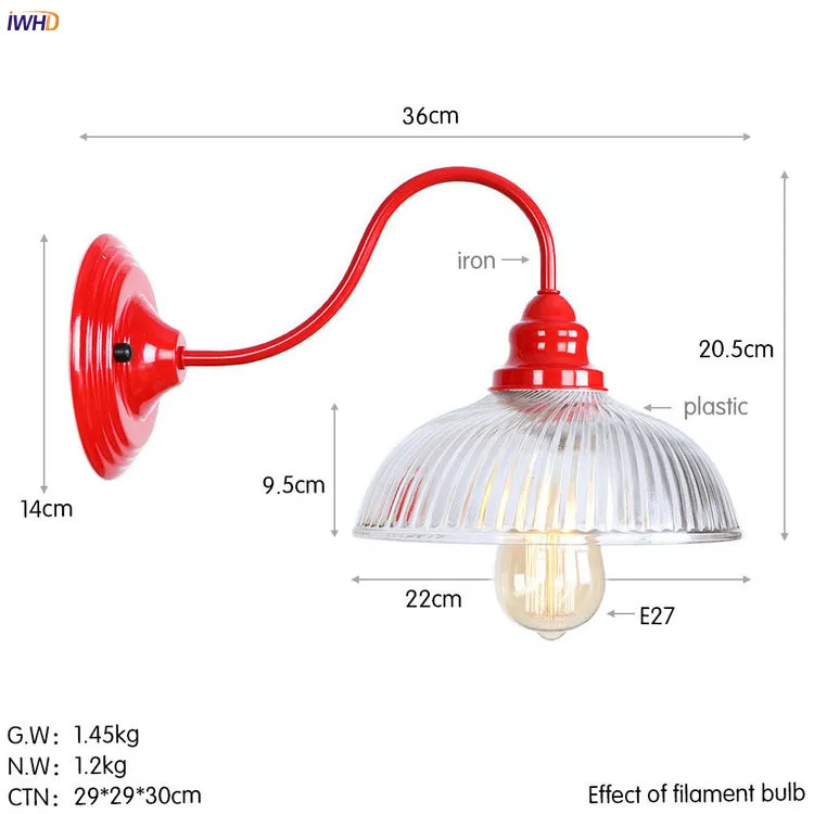 IWHD Стекло Винтаж Ретро светодиодный настенные светильники красного металла Лофт Промышленные Винтаж бра Edison Wandlampen домашнего освещения
