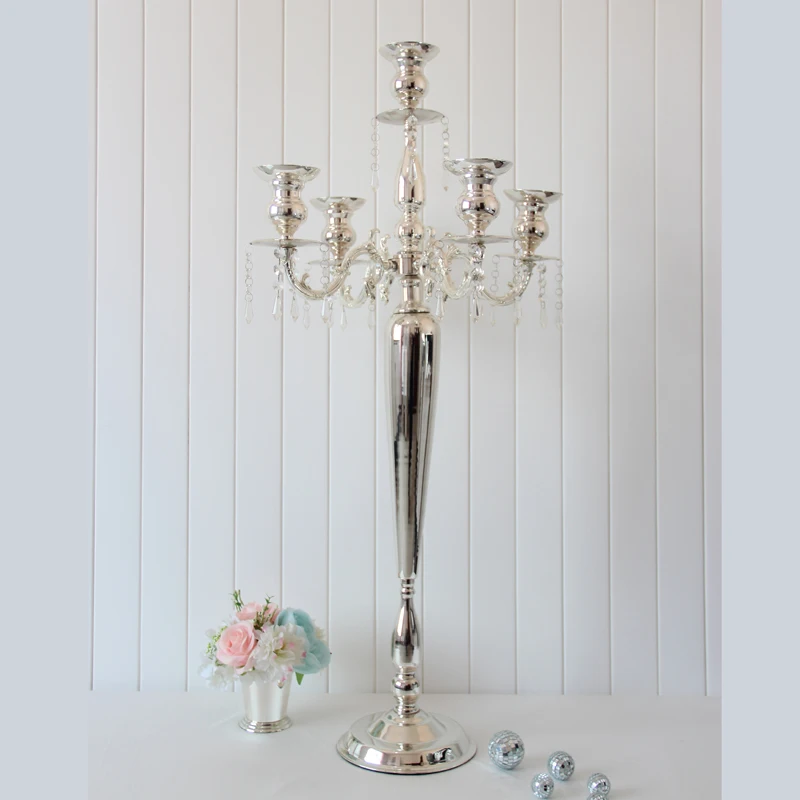 N4311 tall silver candelabra long stem 5 arm candle holder K9 crystals