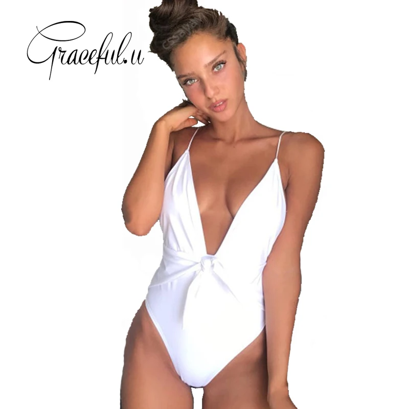 

2018 New One Piece Swimsuit Sexy Deep V Neck White Monokini Trikini Swimwear Women Backless Tie Female Beach Swim Suit