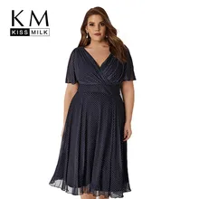 Kissmilk, плюс размер, женское офисное Повседневное платье в горошек, глубокий v-образный вырез, короткий рукав, высокая талия, морщинка, подол, ТРАПЕЦИЕВИДНОЕ ПЛАТЬЕ средней длины