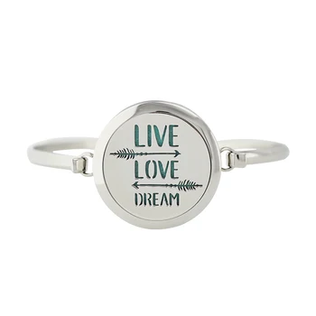 

Hand Stamped LIVE LOVE DREAM Perfume Locket Bangle 30mm Magnetic Arrow Essential Oil Diffuser Bracelet