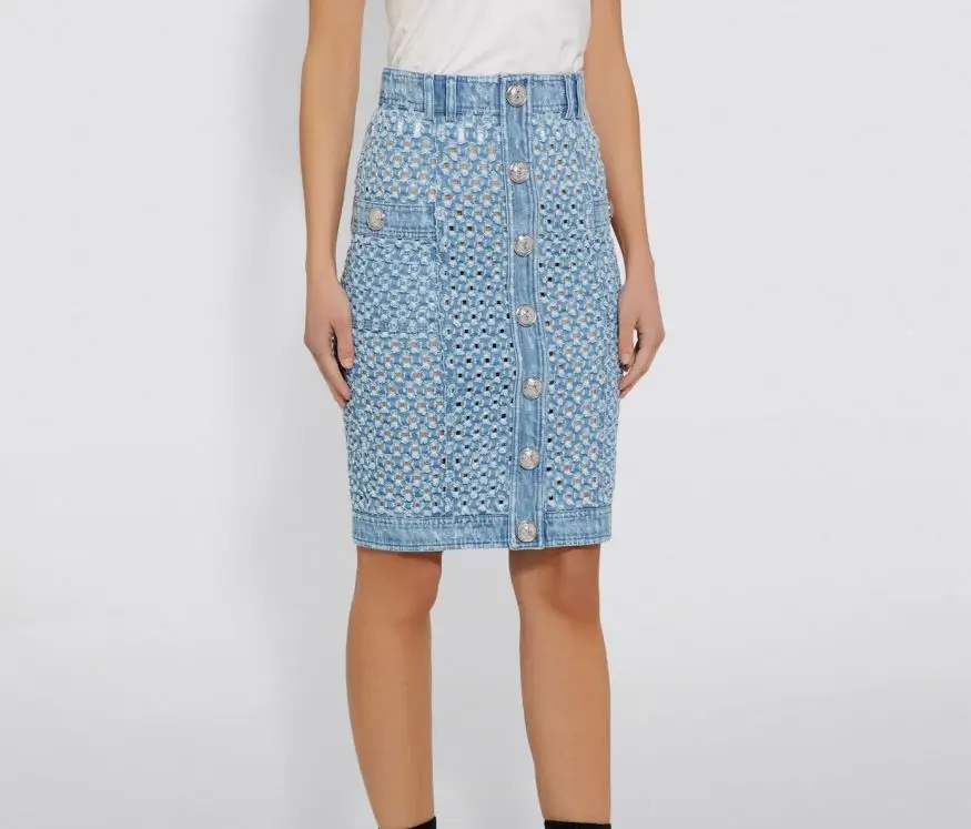 

2019 Runway Women's 2 Pockets Blue Cut-out Logo-embossed silver-tone buttons Denim Midi Skirt