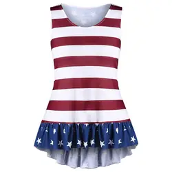 LANGSTAR плюс размер женские футболки с воланами американский флаг футболка патриотический Dip Hem Ruffle Trim Top Sexy Bowknot Embellished Top