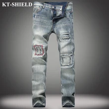 Мужские Синий Разорвал Джинсы Брюки Дизайнер Проблемные Denim Тощий Человек Уничтожено Жан Брюки Вакеро Hombre Мода Классический