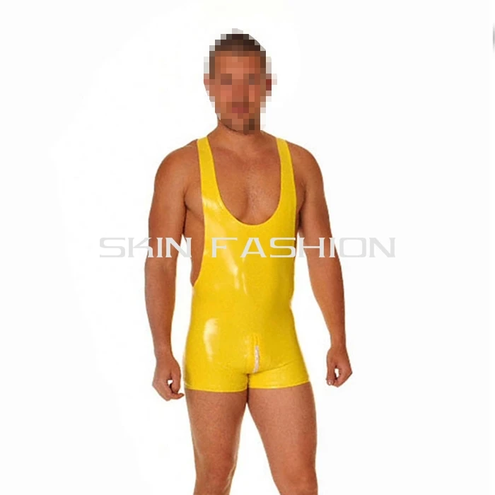 

Free shipping !!! Men vest style yellow jumpsuit latex cat suit