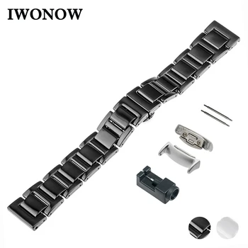 

Ceramic Watch Band 18mm for Samsung Gear Fit 2 SM-R360 Butterfly Buckle Strap Wrist Belt Bracelet Black White + Adapter + Tool