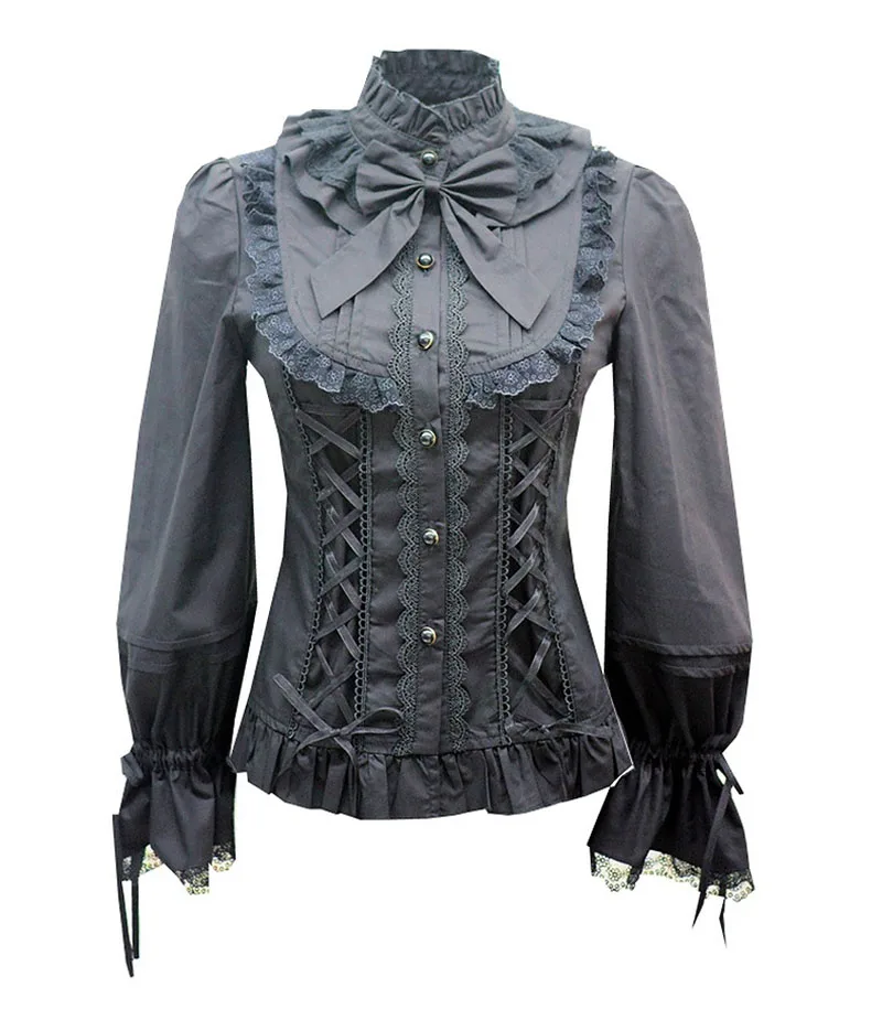 

Elegant Lace-Up Cotton Lace Cream Blouse Women High Collar Lolita Style Slim Fit Bell Sleeves Top Button Ruffle Shirt For Lady