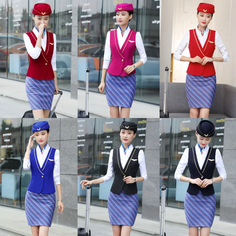 IZICFLY Стиль стюардесса короткое пальто в формальном стиле дамский костюм стюард жилет бизнес с юбкой и униформа брюки набор большой размер