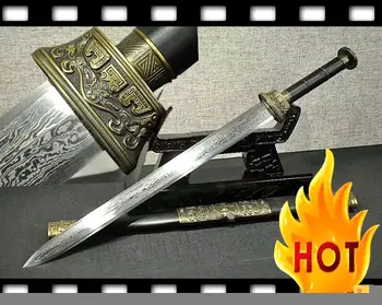 

Boutique Folded Damascus Steel Double Edge Sharp Chinese Han Dynasty Battle Sword Jian Handmade Ebony Wood Saya Free Shipping