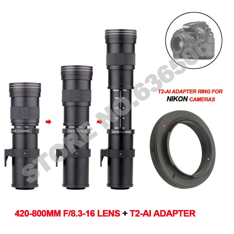 

420-800mm F/8.3-16 Super Telephoto Manual Zoom Lens + T2-A1 T Mount Ring Adapter for Nikon D5100 D7000 D800 D90 D600