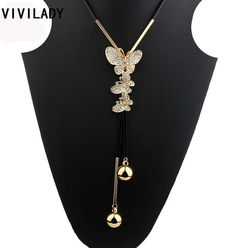 VIVILADY милый Кристалл Бабочка Длинная цепочка ожерелья для женщин кисточки ручной работы Золото Цвет бусины модные украшения Bijoux подарки