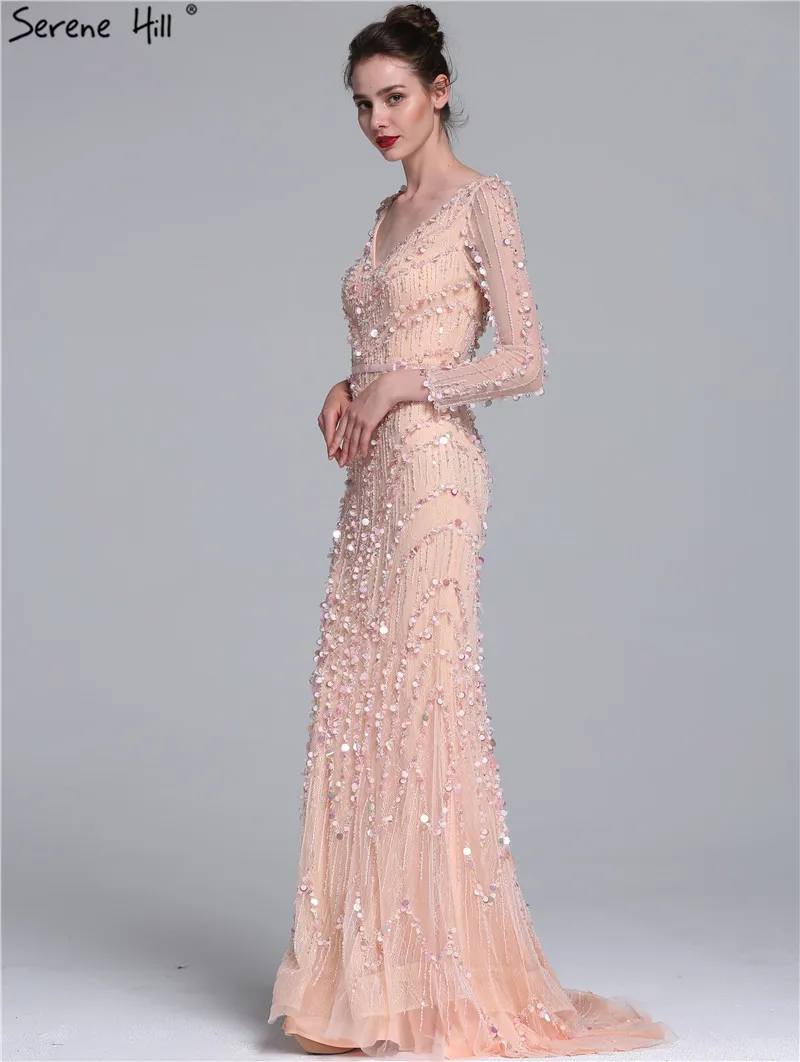 Роскошное розовое темно-синее Тюлевое вечернее платье с бисером и v-образным вырезом, элегантные вечерние платья с длинными рукавами, настоящая фотография LA6010