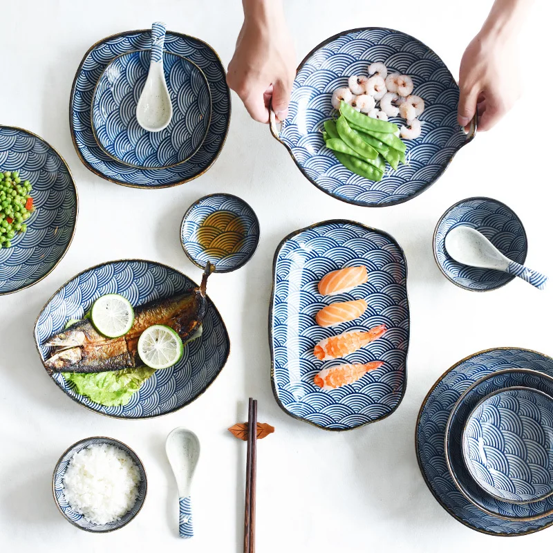 

Underglaze Color Japanese Wave Pattern Ceracmic Dinnerware Pasta Plate Rice Bowl Porcelain Saucer Dish