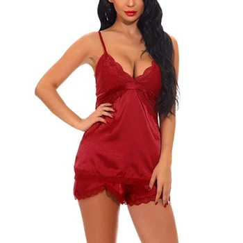 

Fashion Lady Sexy Tight Bodysuit Lace Suit Pajamas Sleeveless V-neck Sling Pajamas + Short Sleep Pants E1