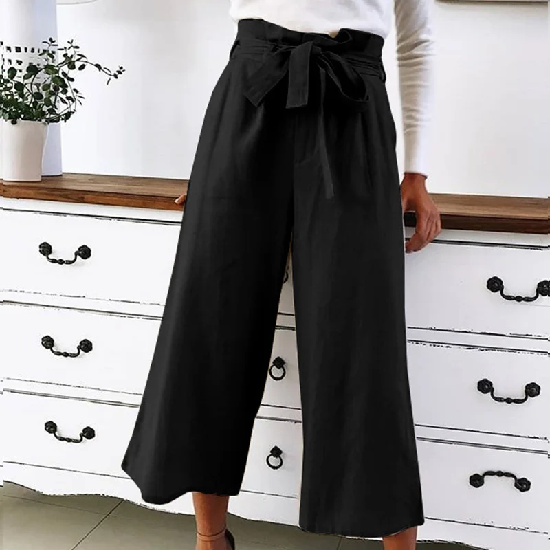 

Wide Leg Pants Women Autumn Trousers Pure Color Plus Size 5XL Straight Casual Boot Cut Ankle-Length Pants With Sashes6Q2300