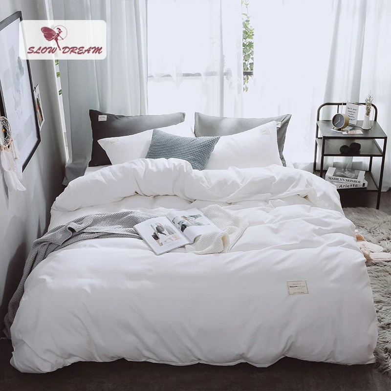 

SlowDream White Solid Color Bedding Set Luxury Flat Sheet Double Decoration Home Bedspread Bed Linen Cotton Duvet Cover Set Gift