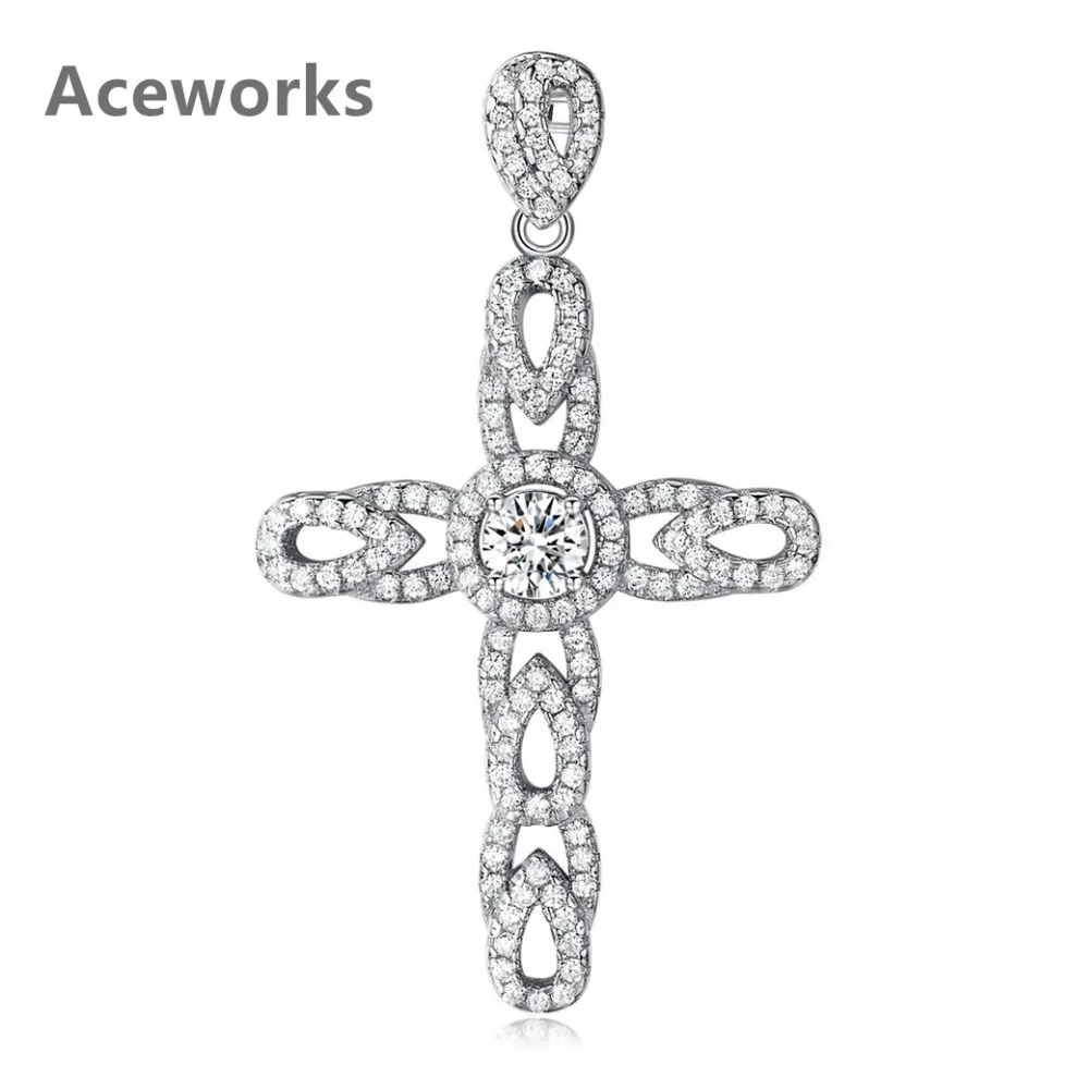 

Aceworks Hollow Cross 100% Real 925 Sterling Silver AAA Zirconia Pendants Necklace Female Best Friend Gift Jewelry White PT2101