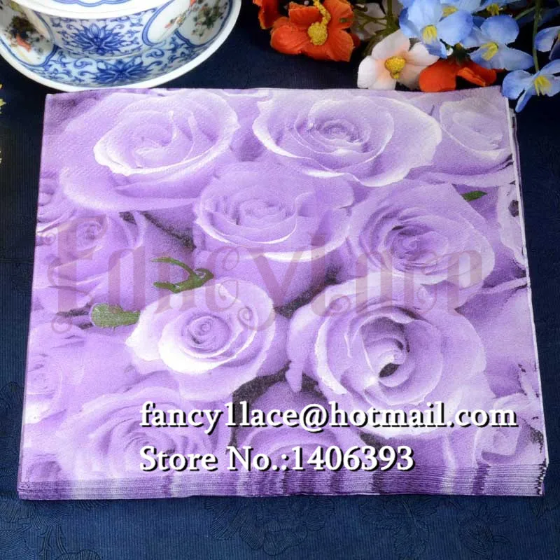 33CM*33cm 20pcs/lot Fancy Purple Rose Flower Wedding Paper Napkins Event & Party Tissue Printed
