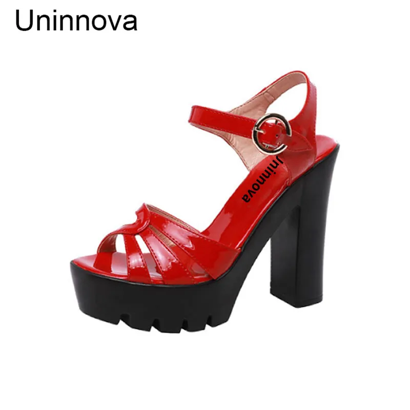 

Women Summer Patent Leather Platform Super High Heel Sandals Red Black White Fashion Elegant Stable Chunk Heels Uninnova WSA083