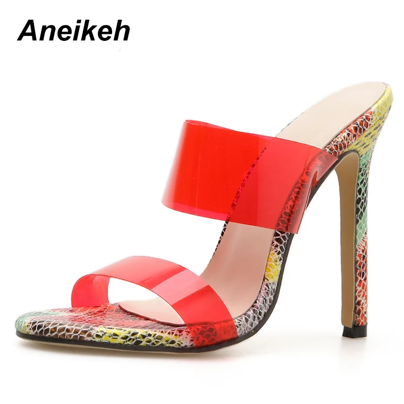 

Aneikeh 2019 New PVC Jelly Sandals Crystal Open Toed Sexy Thin Heels Women Transparent Heel Sandals Slippers Pumps Shoes