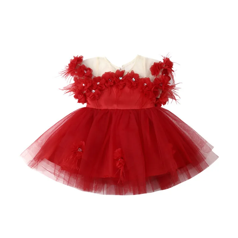 Нарядное платье принцессы для маленьких девочек; кружевное Сетчатое платье в стиле пэчворк с перьями и цветами; Свадебные платья с открытыми плечами; бальное платье для девочек; От 1 до 6 лет - Цвет: Красный
